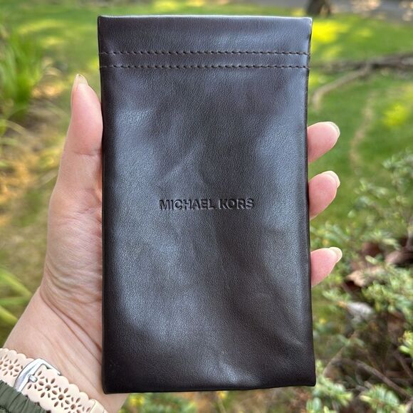 Michael Kors Leather Eyeglass Sunglass Pouch Case Embossed Logo Dark Brown - Picture 1 of 8